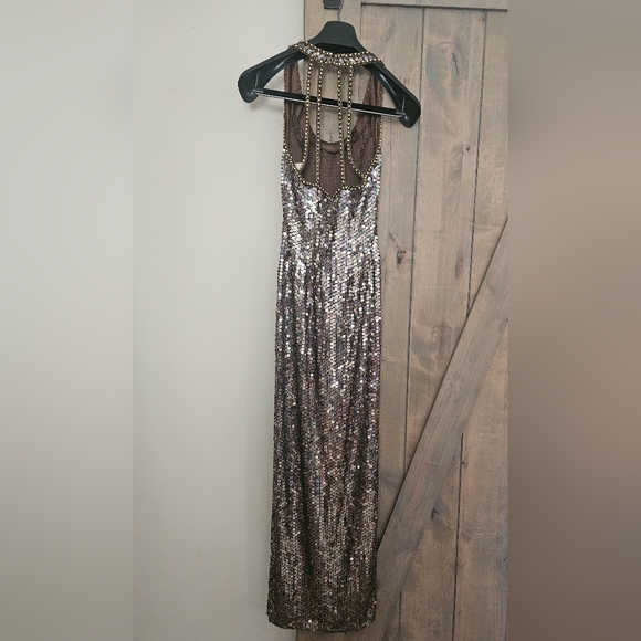 NITELINE Vintage Della Roufogali Bronze Sequinhalter longevening gown.Size4 NWT - Picture 11 of 16